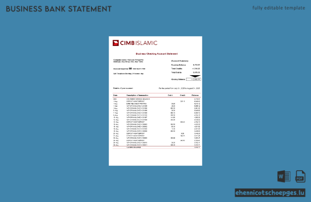 Kontoauszug des CIMB Islamic Firmengirokontos (Word und PDF) – 1 Beispielvorschau
